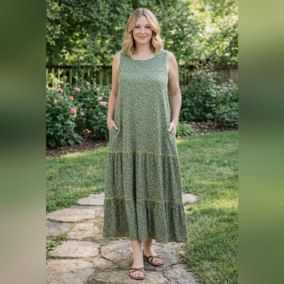 J. Jill Green Floral Sleeveless Dress Size L - Picture 1 of 2